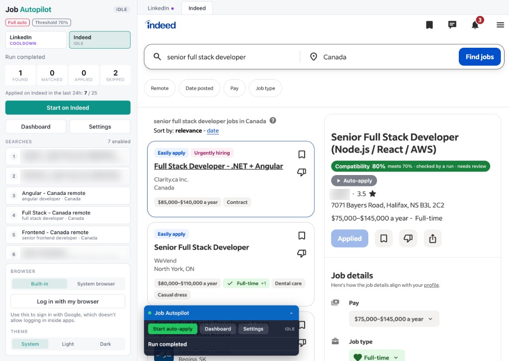 Job Autopilot running next to Indeed: a run summary and saved searches on the left, a job scored 80% compatible and marked for auto-apply on the right