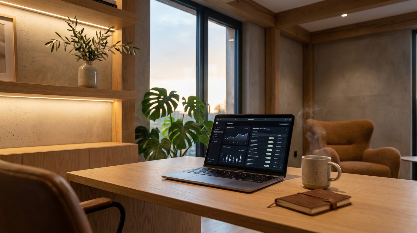 A calm home office at golden hour: an oak desk with a laptop showing application status, a mug of coffee and plants.
