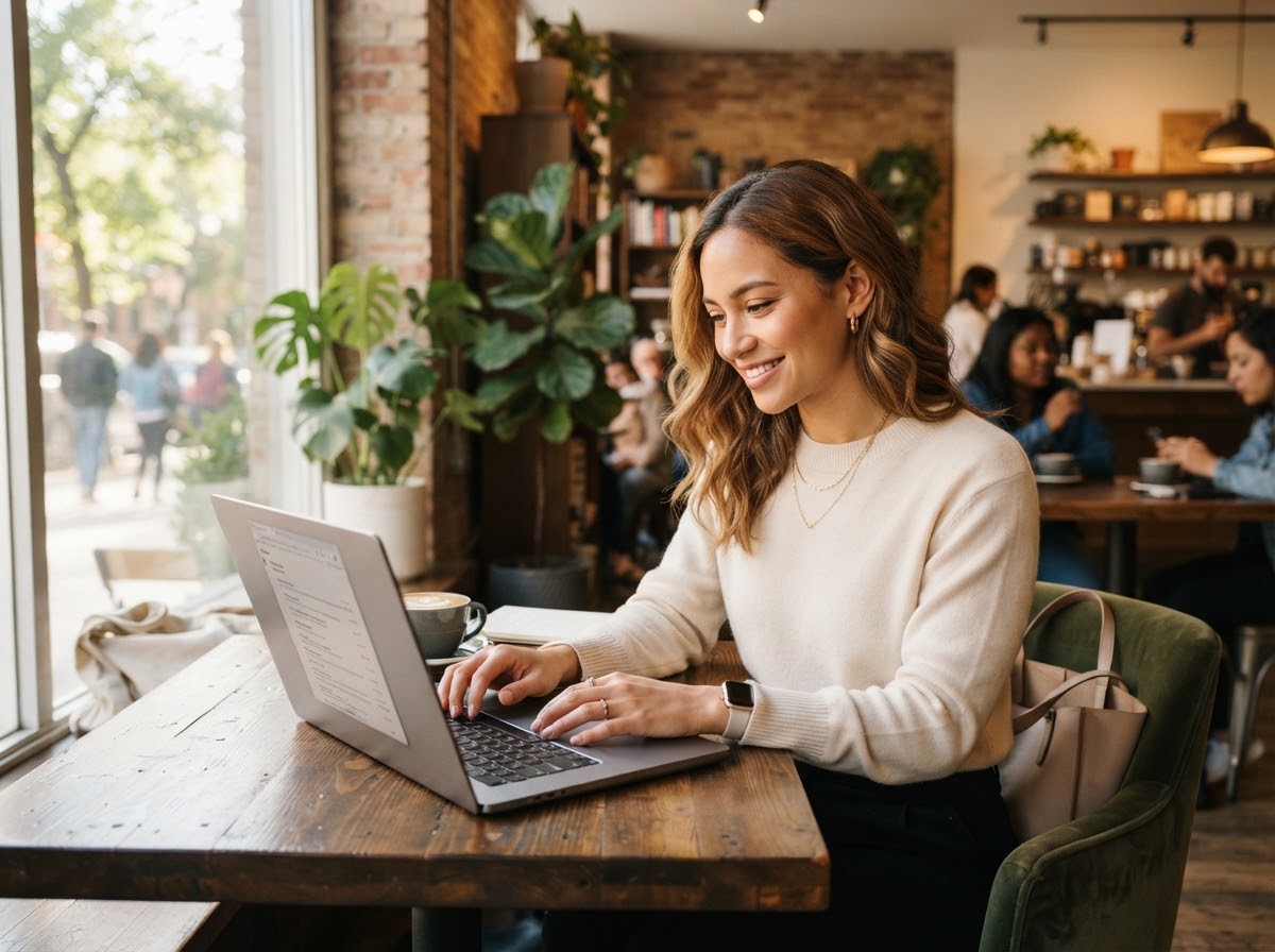 A smiling professional working on her laptop in a sunlit cafe.