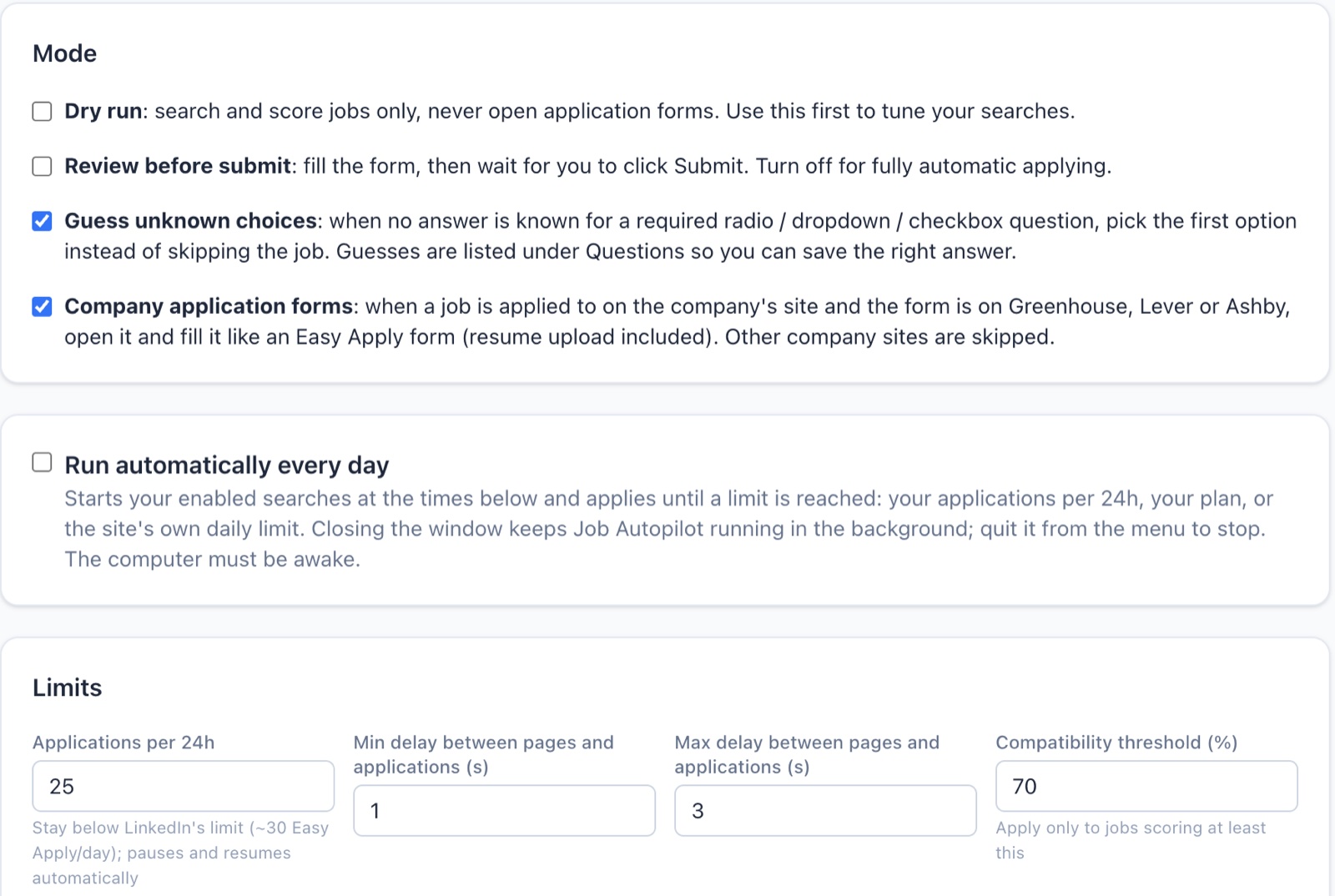 Automation settings: dry run, review before submit, guessing unknown choices, company application forms, a daily schedule, and limits with a 70% compatibility threshold.